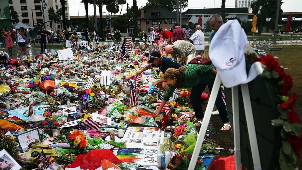 Memorial down the road from Pulse nightclub on June 19, 2016 in Orlando, Florida