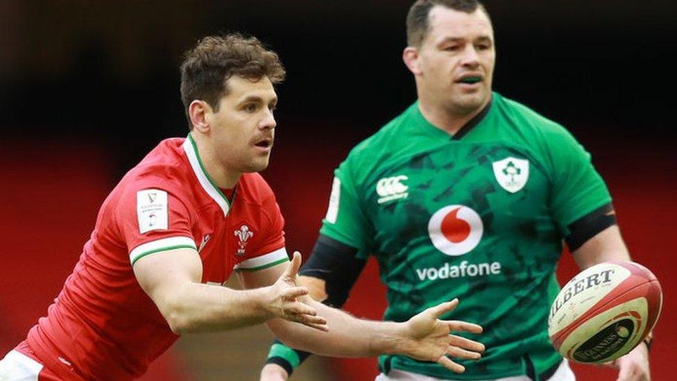 Tomos Williams of Wales passes the ball during the Guinness Six Nations match between Wales and Ireland at Principality Stadium on February 07, 2021 in Cardiff