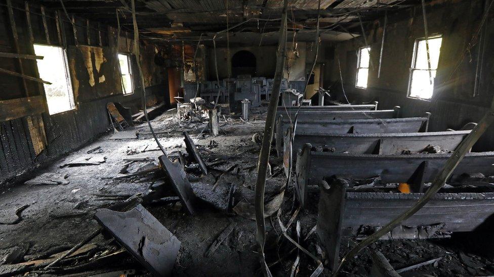 The fire-damaged Hopewell Baptist Church in Greenville, Mississippi