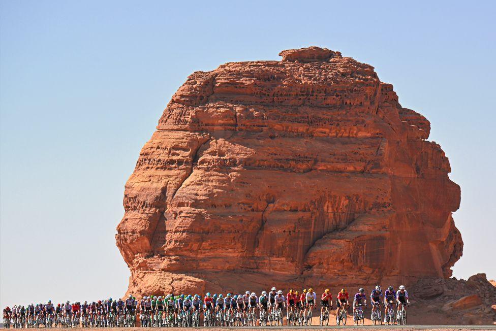 A general view of the peloton competing during stage three of the AlUla Tour from Hegra to Tayma Fort, Saudi Arabia