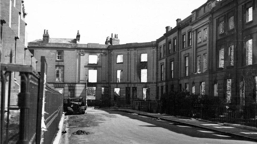 General view of terraced houses showing bomb damage in St Pauls Square, Portsmouth