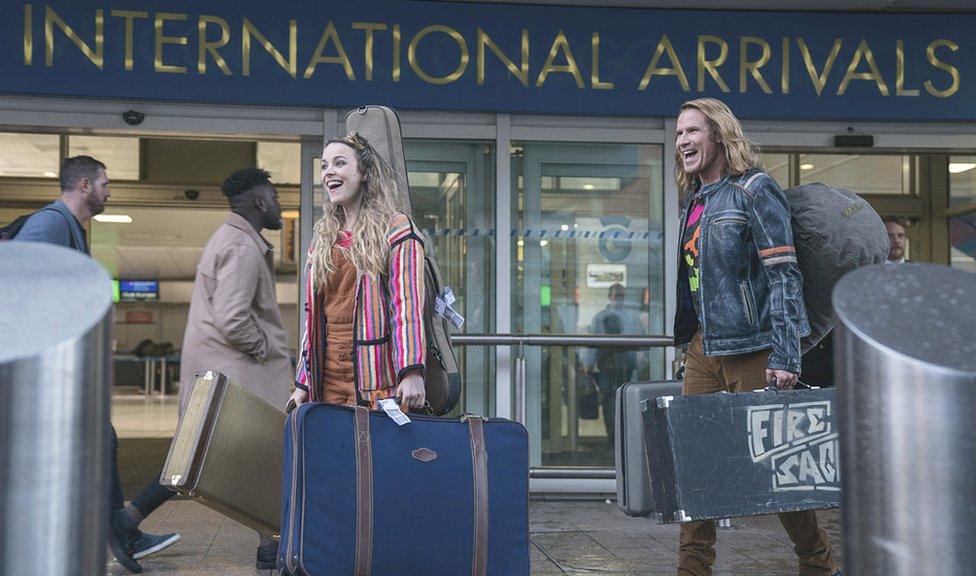 Sigrit Ericksdottir (Rachel McAdams) and Lars Erickssong (Will Ferrell) excitedly arrive in Edinburgh for the Eurovision Song Contest