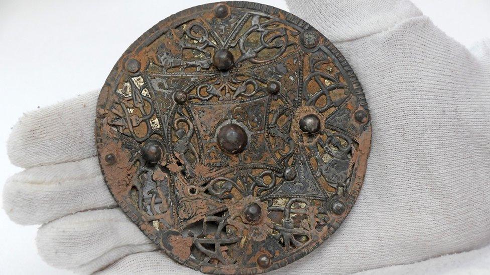 Large silver and copper alloy disc brooch