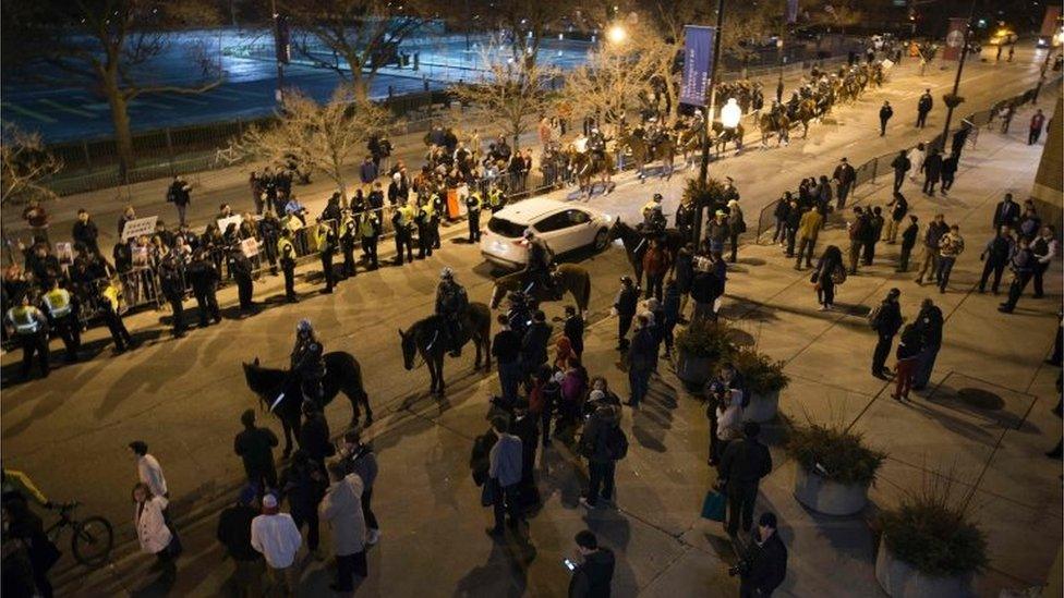 Chicago police block streets outside a Trump rally at the UIC Pavilion in Chicago