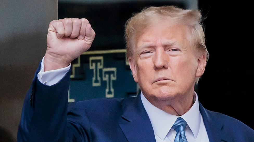 Former US president Donald J. Trump (C) departs Trump Tower on route to New York Attorney General Letitia James' office for a deposition related to a civil lawsuit in New York, New York, USA, 13 April 2023