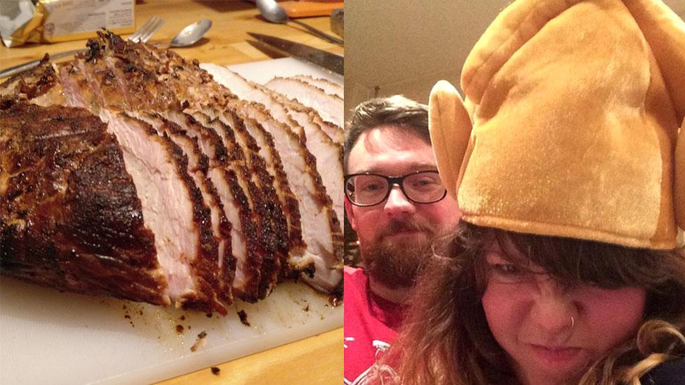 Turkey cooked in the smoker, alongside the chefs, Doug and Holly.