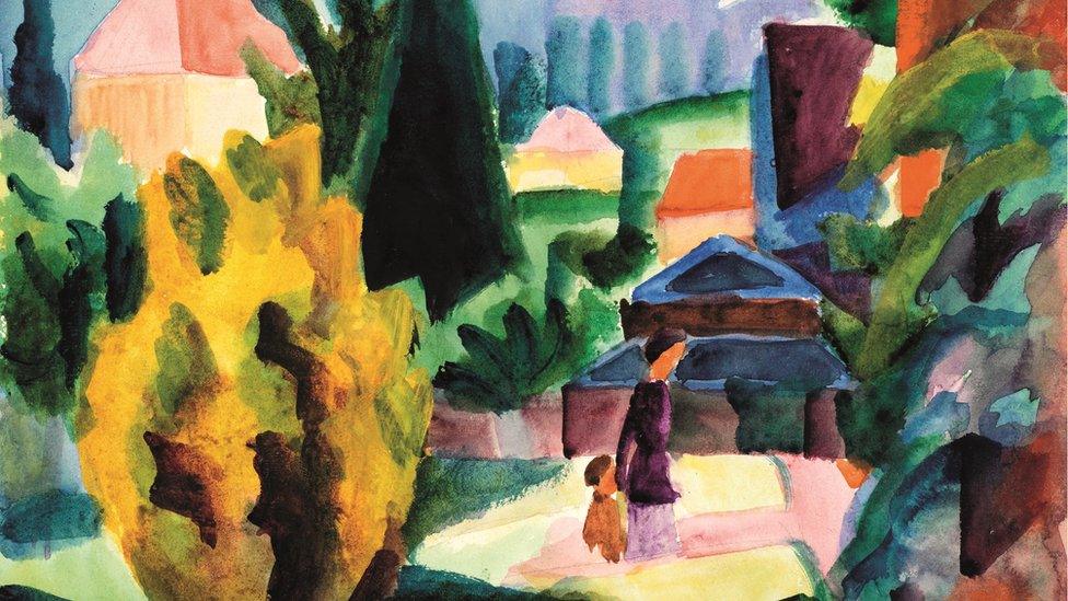 Image shows August Macke's 1914 painting titled Im Schlossgarten von Oberhofen (In the Castle Garden of Oberhofen).