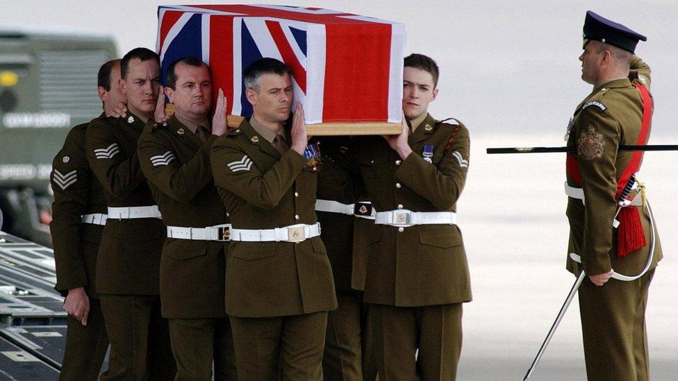 Coffin of Corporal Simon Miller, one of six British military policemen killed in action in southern Iraq