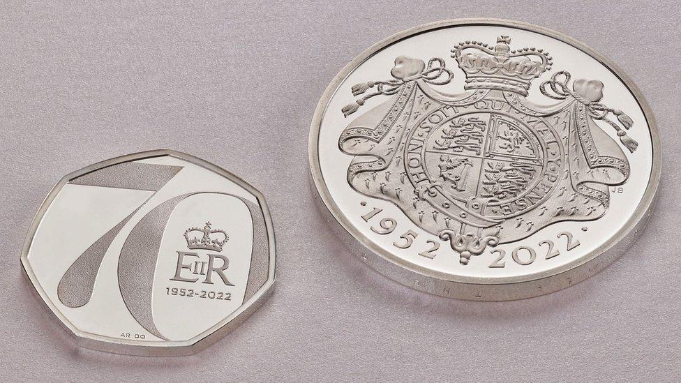 The new 50p (pictured left) and £5 coins, which will be released to celebrate the Queen's 70 years on the throne