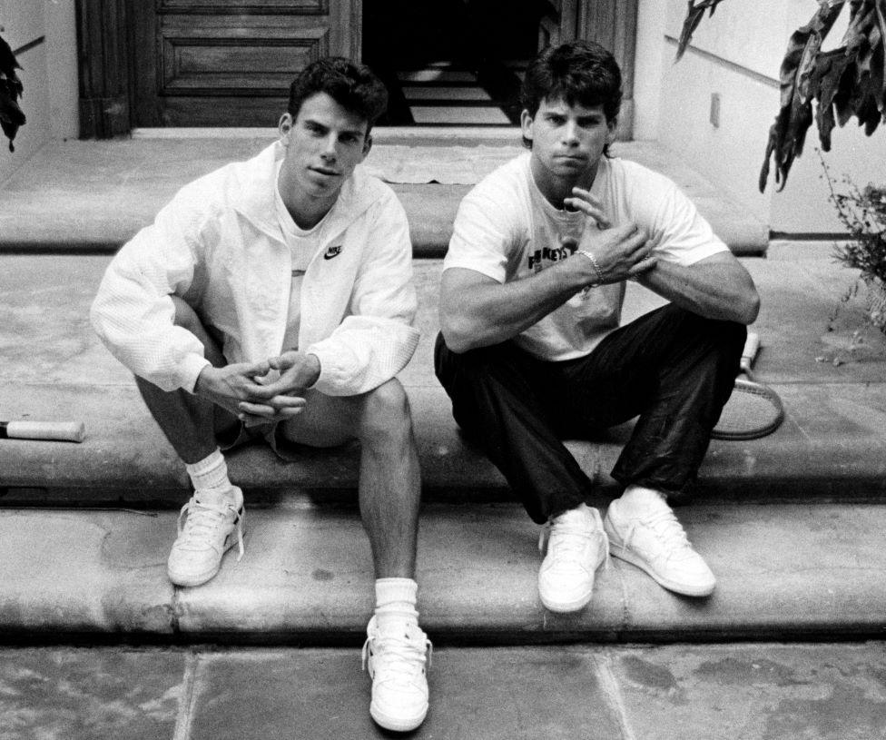 Erik and Lyle Fernandez sat in front of their family home in Beverly Hills, Los Angeles, in 1989