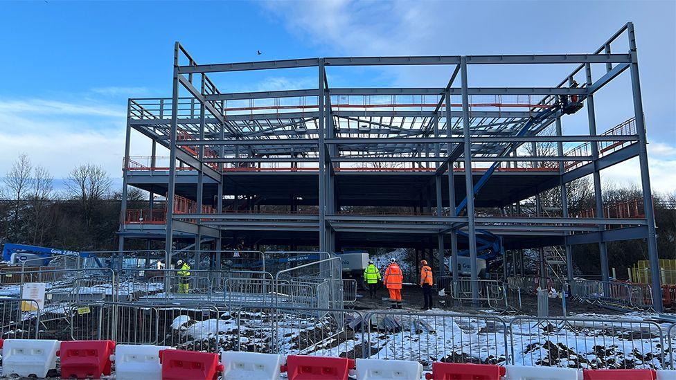 The steelwork frame of the new building