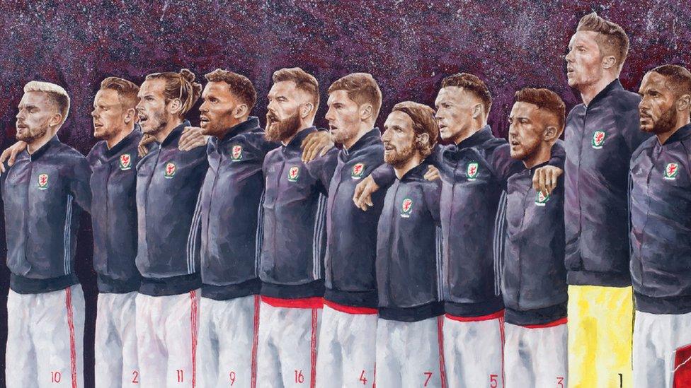 Owain Fon Williams painting of the Wales line-up