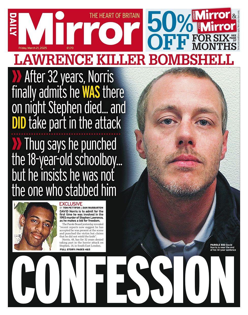 Front page of the Daily Mirror for Friday 21 March 2025.