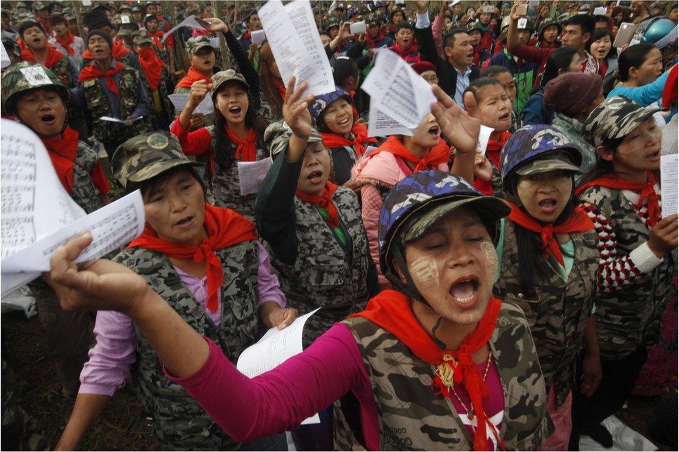 Female members of community based anti-narcotic campaigners known as The Pat Jasan members sing during a prayer meeting in Wai Maw, northern Kachin State, Myanmar, Sunday 21 Feb 2016