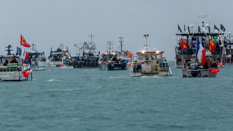 French fishing vessels staging a protest outside the harbour at St Helier, Jersey, Channel Islands, in May