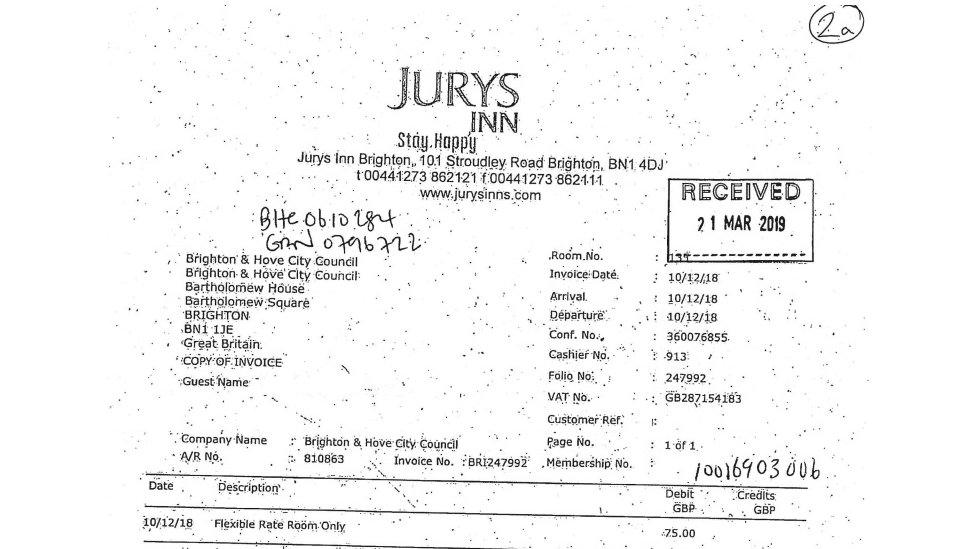 Invoice from the Jurys Inn hotel in Brighton, showing a nightly rate of £75 per person for a stay on 10th December 2018.