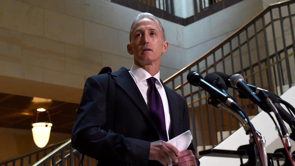 House Select Committee on Benghazi Chairman Rep. Trey Gowdy, R-S.C., speaks to reporters as he arrives, Thursday, Sept. 3, 2015 on Capitol Hill