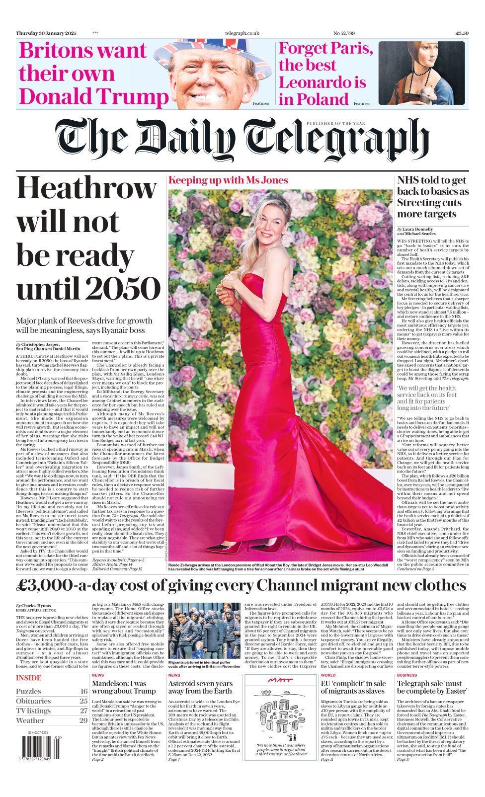 Daily Telegraph front page 30 January