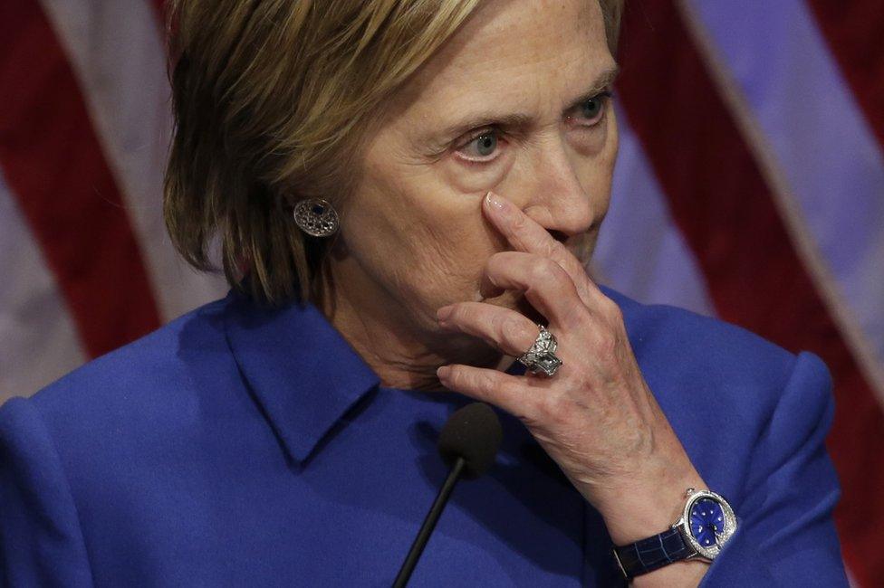 Hillary Clinton pauses as she speaks at the Children's Defense Fund Beat the Odds Celebration at the Newseum in Washington, 16 November