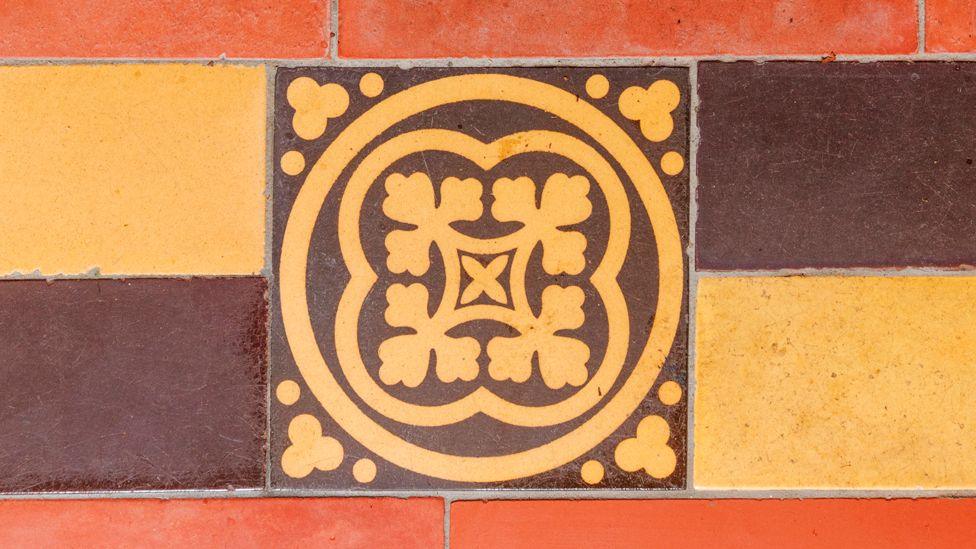 Church of St Anne, St Anne's Drive, Haughton, Denton, Greater Manchester.  Interior, detail of restored tiles 