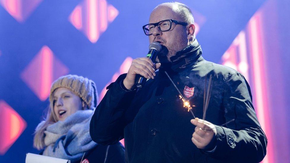 Gdansk's Mayor Pawel Adamowicz speaks during the 27th Grand Finale of the Great Orchestra of Christmas Charity in Gdansk