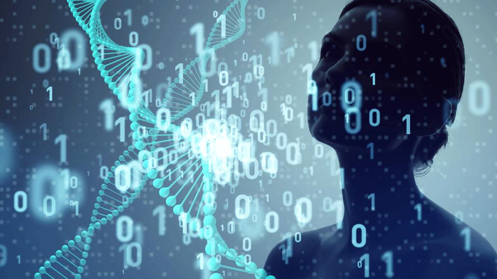 WOman looking at DNA and data