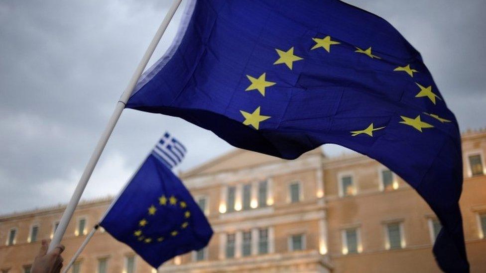 EU flags outside the Greek Parliament in Athens