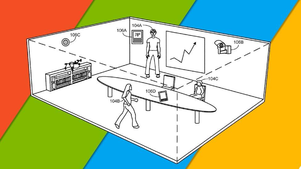 A black and white ink sketch of a meeting room with people in it shows cameras and thermostats on the walls labelled with numbers ranging from 106A-106D