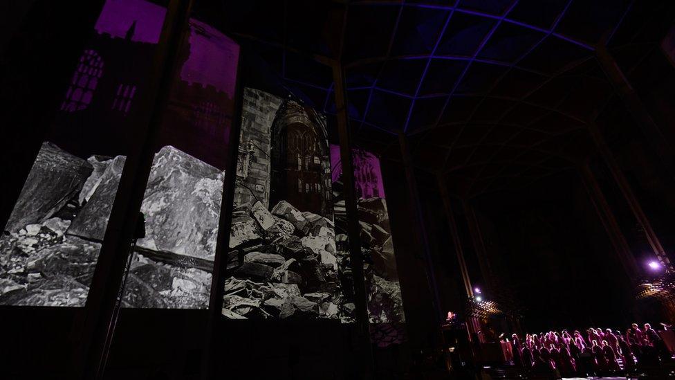 Artworks during rehearsals projected onto the cathedral walls