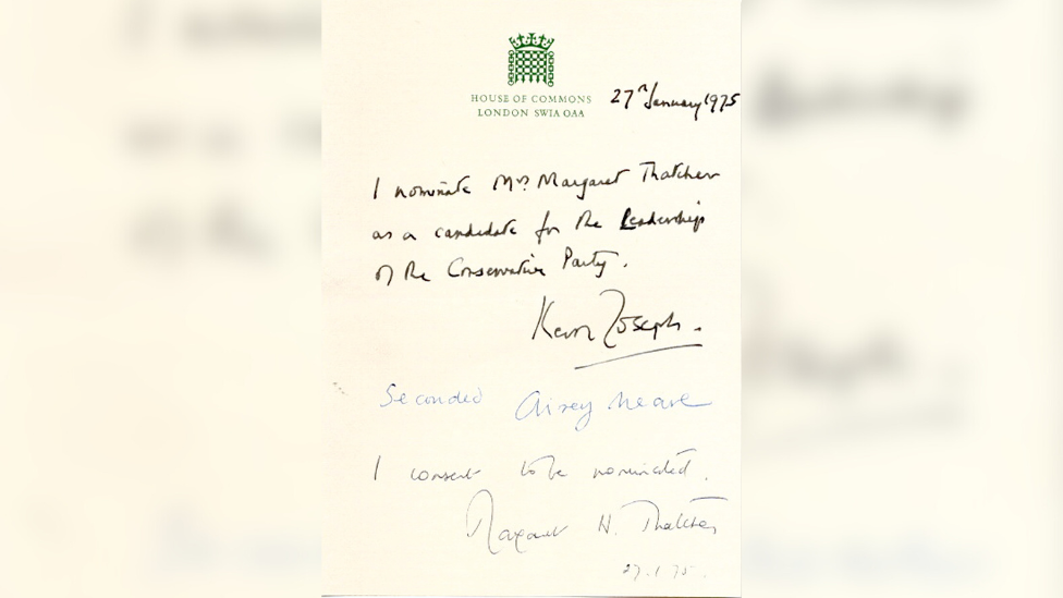 Photo of a historic document with signatures consenting to making Margaret Thatcher the party leader. It's three different handwritten notes on a piece of paper with the House of Commons logo on top.