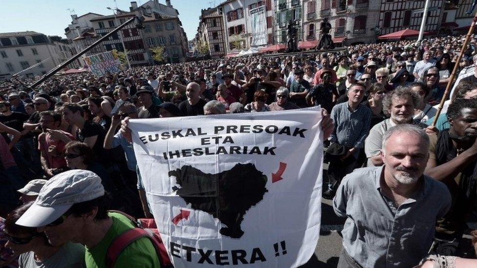 A rally in Bayonne to mark the "Disarmament Day", following the announcement of disarmament by Eta (08 April 2017)