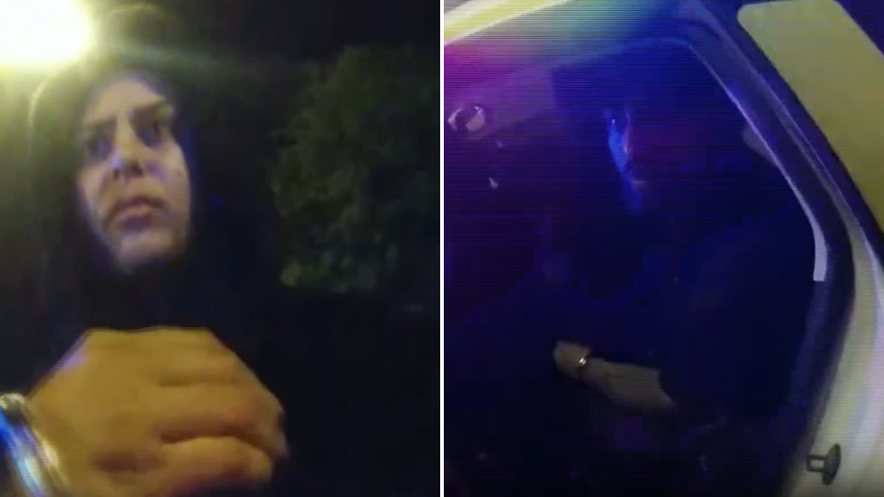 Two screenshots of police bodycam footage of a woman and a man being arrested.