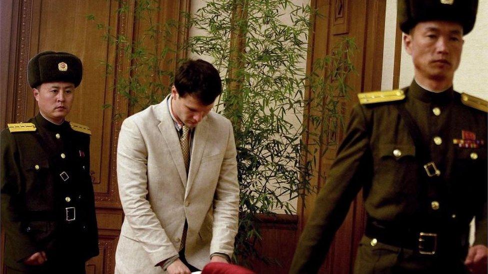 Otto Warmbier enters the press conference in Pyongyang (29 February 2016)