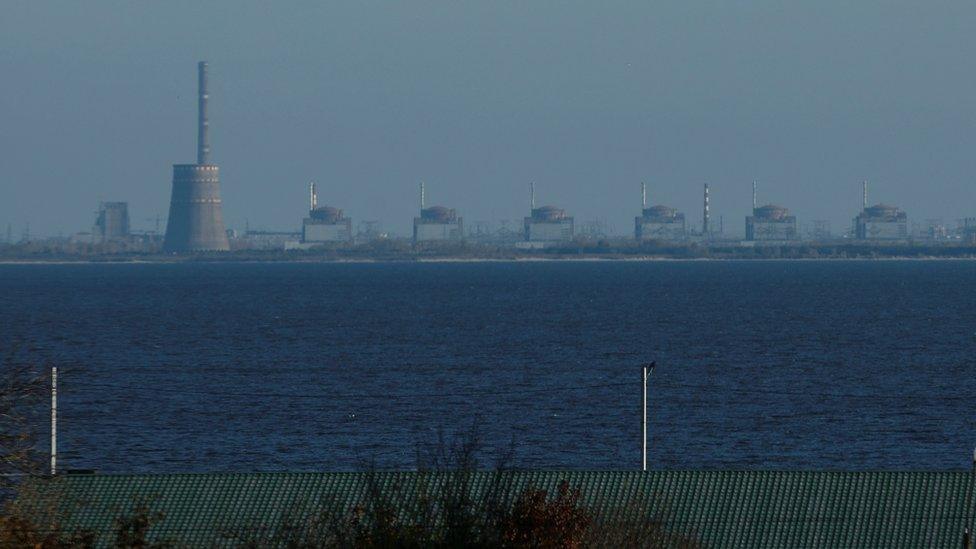 The Zaporizhzhia plant as seen from the Ukrainian-held bank of the Dnipro