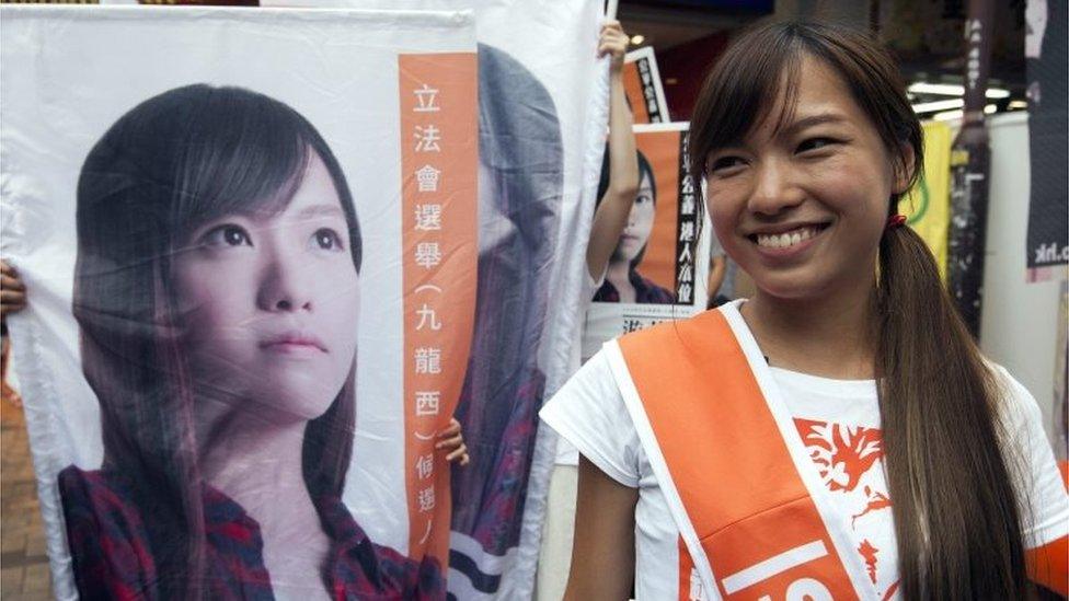 Yau Wai-ching of the Youngspiration political party canvasses for votes in the Kowloon West Geographical Constituency on voting day in the Hong Kong Legislative Council elections 2016,