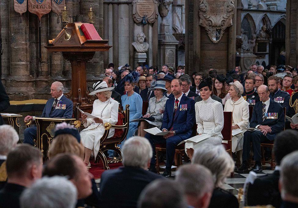 (left to right, front row) King Charles III, Queen Camilla, the Prince and the Princess of Wales and (left to right, back row) the Duke and Duchess of Edinburgh, the Princess Royal and Vice Admiral Sir Tim Laurence, the Duke and Duchess of Gloucester and the Duke of Kent attend a Service of Thanksgiving at Westminster Abbey in London on the 80th anniversary of VE