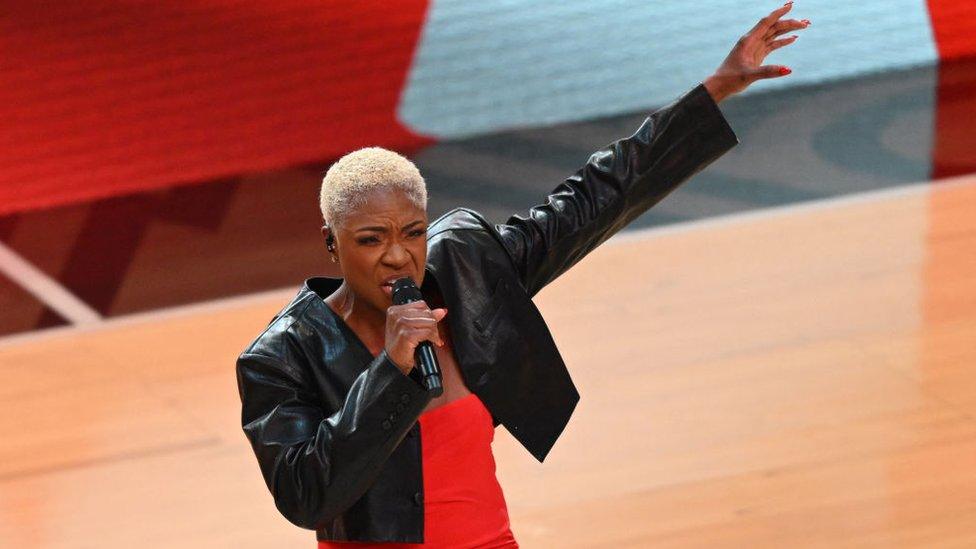 Canadian singer Jully Black singe Canada's National Anthem ahead of the NBA All-Star game between Team Giannis and Team LeBron at the Vivint arena in Salt Lake City, Utah, February 19, 2023