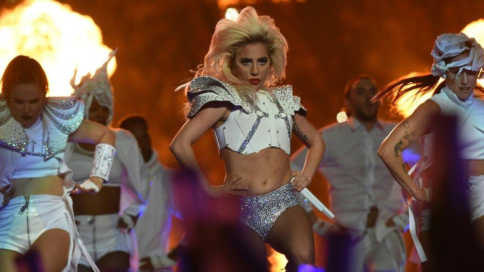 Lady Gaga performing the Super Bowl half time show