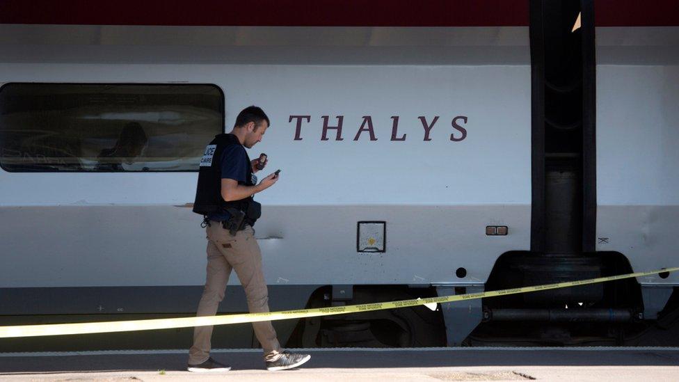 French police investigator next to Thalys train at Arras, 22 August 2015