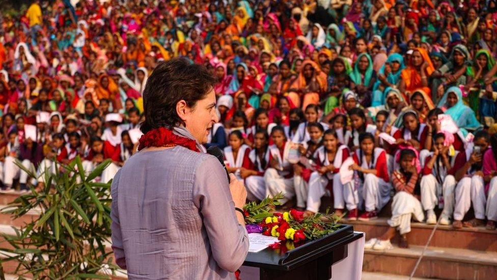 Priyanka Gandhi at an election rally in Uttar Pradesh