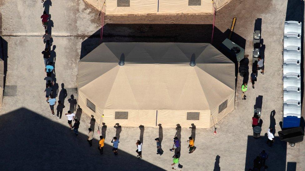 Children are led by staff at a detention facility in Tornillo, Texas, 20 June 2018