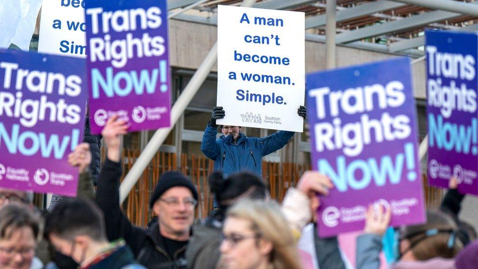 Trans protesters outside the Scottish Parliament