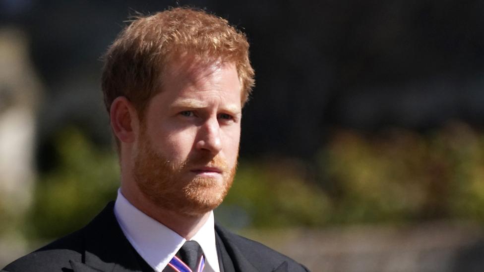 ince Harry arrives for the funeral of Prince Philip, Duke of Edinburgh at St George's Chapel at Windsor Castle on April 17, 2021