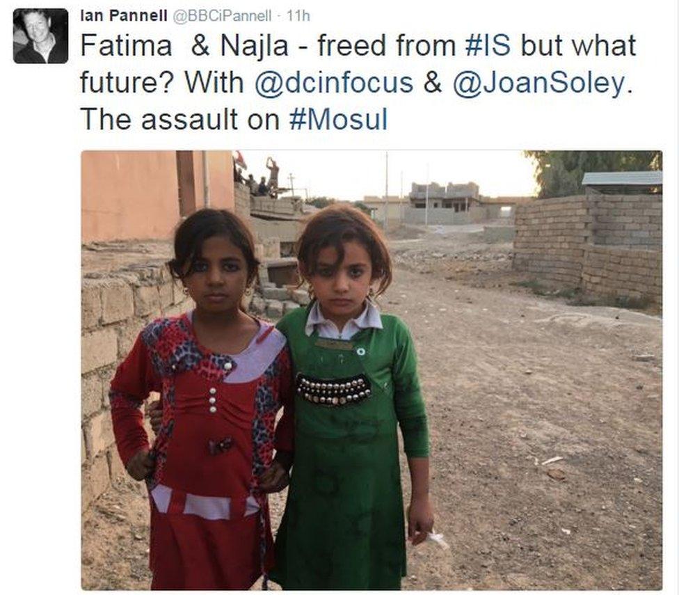 Tweet from Ian Pannell reads: Fatima and Najila - freed from Islamic State but what future, with a picture with the girls