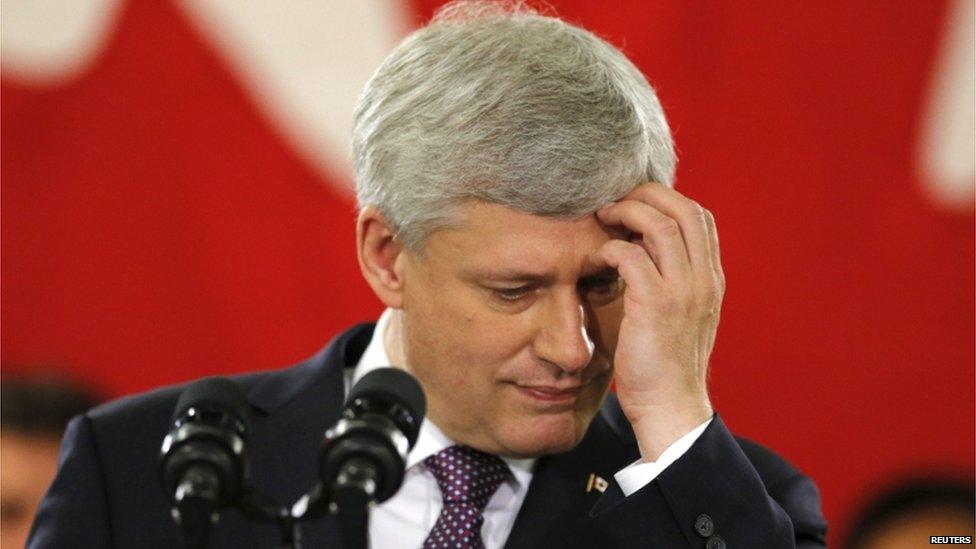 Canada's Prime Minister Stephen Harper speaks to employees of a tile and stone manufacturing company in Toronto on 4 August 2015