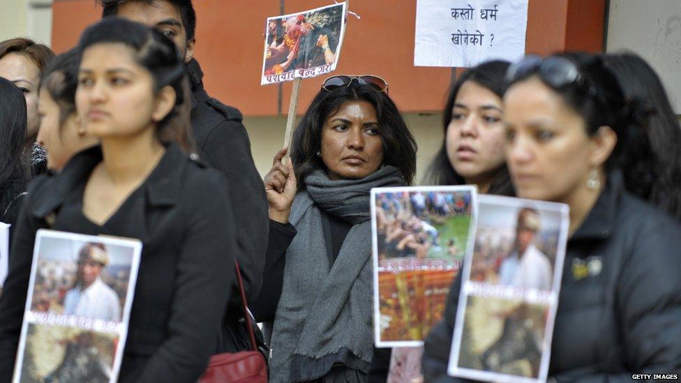 People protest against the festival in Kathmandu (December 2014)