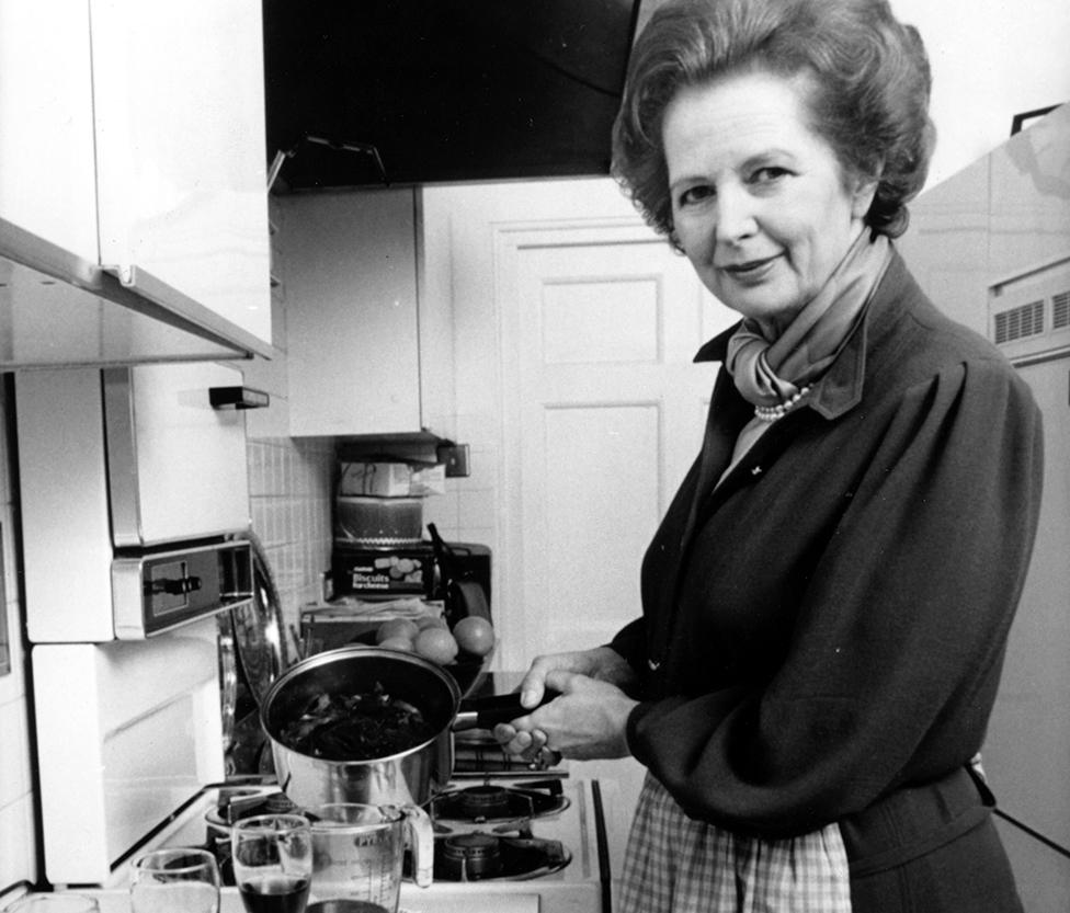 Prime Minister Margaret Thatcher in the kitchen of her flat at 10 Downing Street