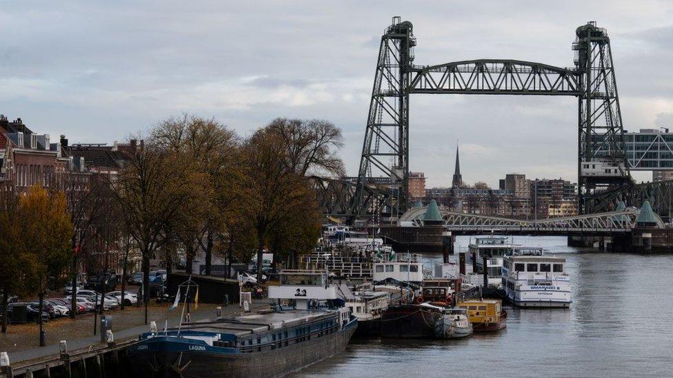 A picture shows the Koningshaven "De Hef" lift bridge in Rotterdam