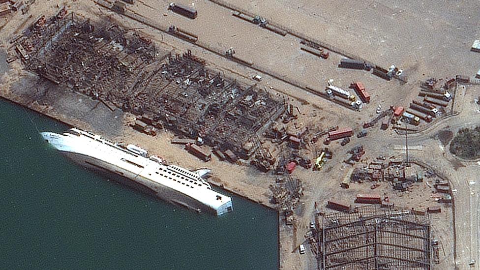 Ship damaged by blast. Satellite image Maxar Technologies