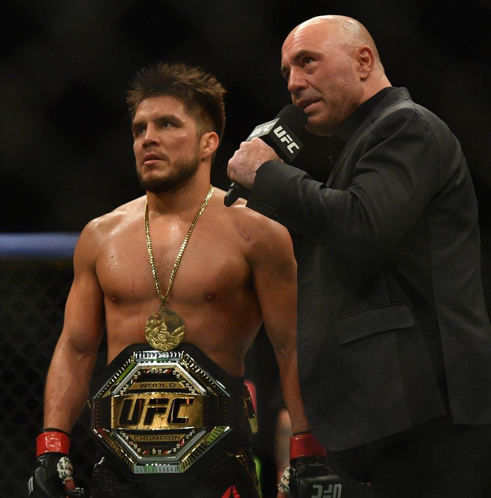 Joe Rogan is also a sports commentator; here interviewing Henry Cejudo after his fight during UFC 249 in Florida earlier this month